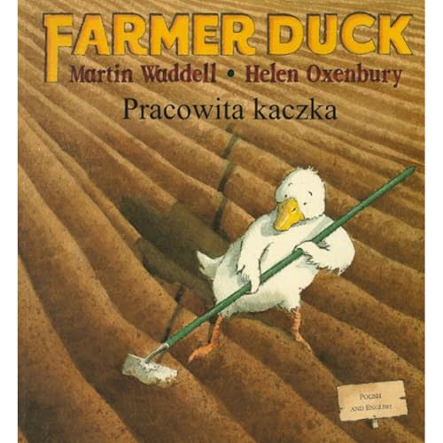 Book cover: a white duck with a green hoe in a field.