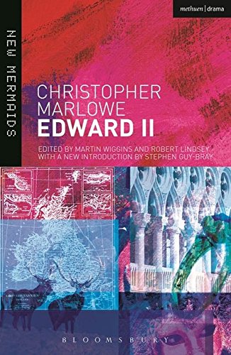 Book cover for Christopher Marlowe's Edward II with abstract red, blue, and architectural imagery.