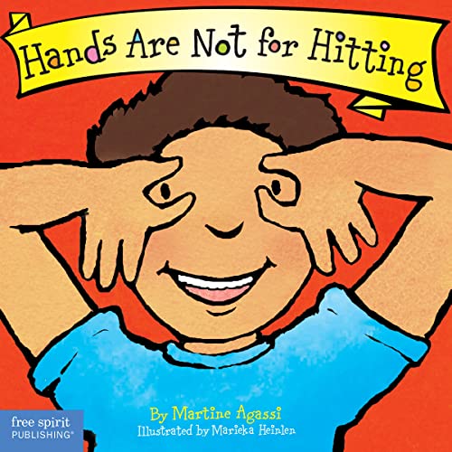 Board book cover: child with hands covering eyes, title "Hands Are Not for Hitting".