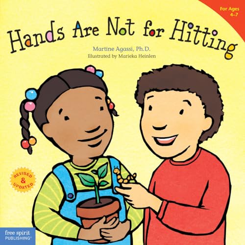 Book cover: two children planting a seedling, titled "Hands Are Not for Hitting.