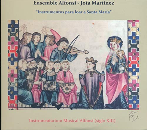 Medieval musicians playing instruments before an image of Mary and child.