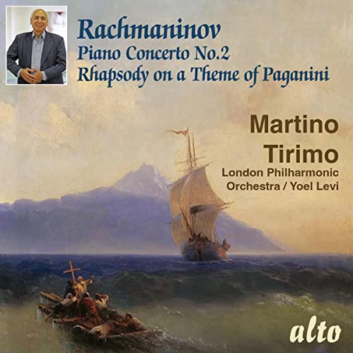 CD cover: Rachmaninov piano concerto with ship and pianist portrait.