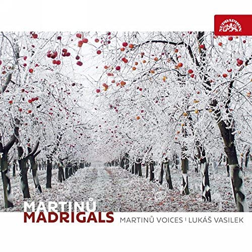 CD cover: snowy orchard path with red apples, text “Martinu Madrigals”.