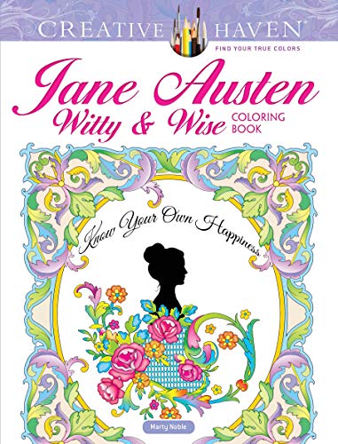 Jane Austen coloring book cover with floral frame and silhouette.