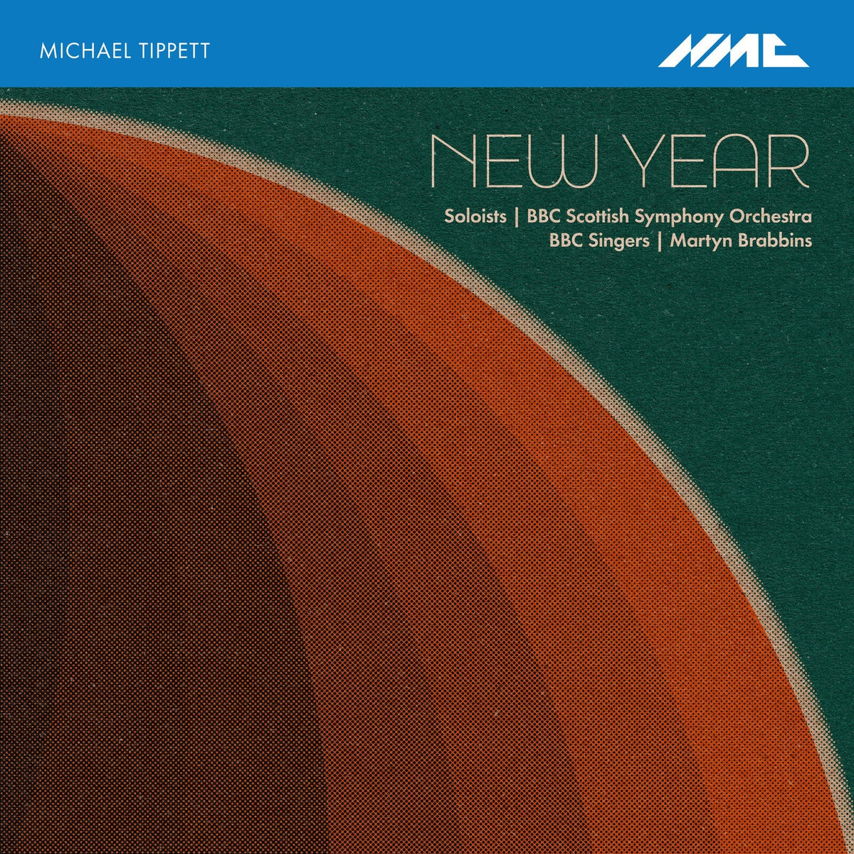 CD cover for Michael Tippett’s “New Year” with abstract orange and blue design.
