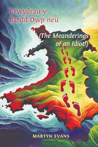Book cover with map of Wales, red footprints, and swirling blue water.