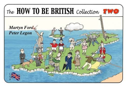 Book cover: cartoon illustration of people on a small island, British flag.
