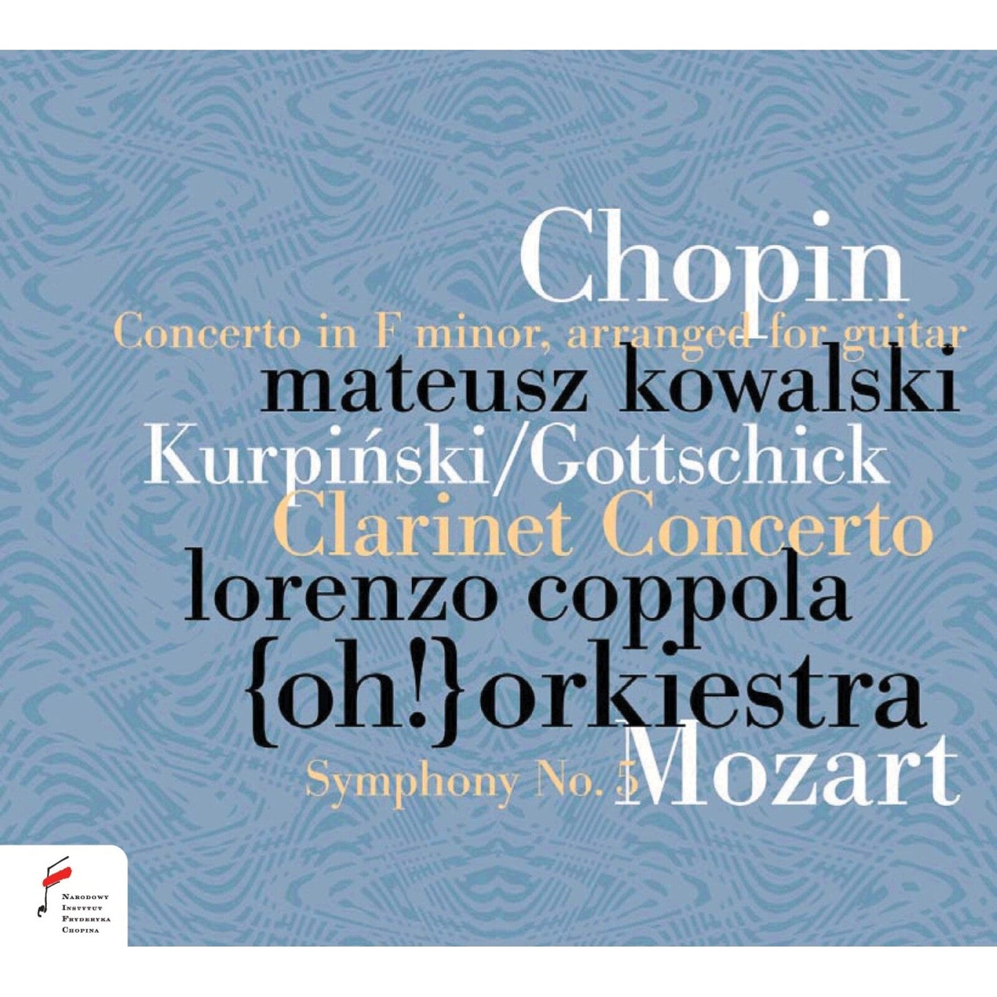 CD cover with blue patterned background featuring text for Chopin, Kowalski, and Mozart works.