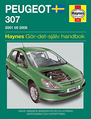 Haynes manual cover for a green Peugeot 307 car (2001-2008) with engine detail.