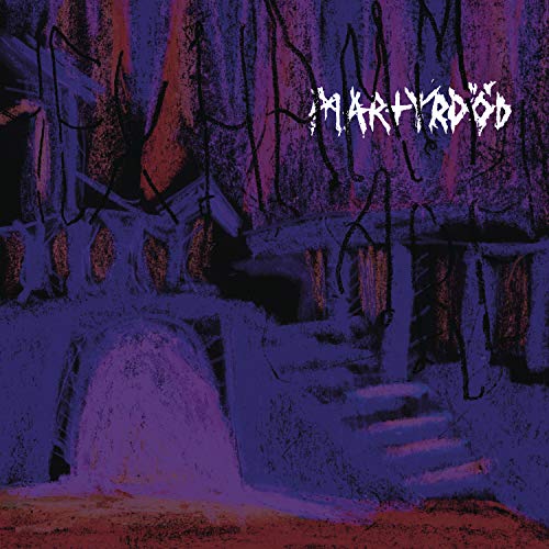 Dark purple and red illustration of a forest with steps and text.