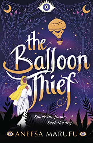 Book cover: purple night sky, hot air balloon, and figure in white robe.
