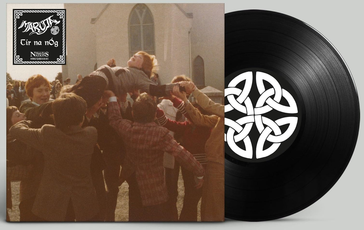 Vinyl record cover with a crowd of people holding hands, Celtic knot design.