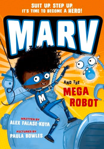 Book cover featuring a boy in a blue superhero costume riding a giant robot.