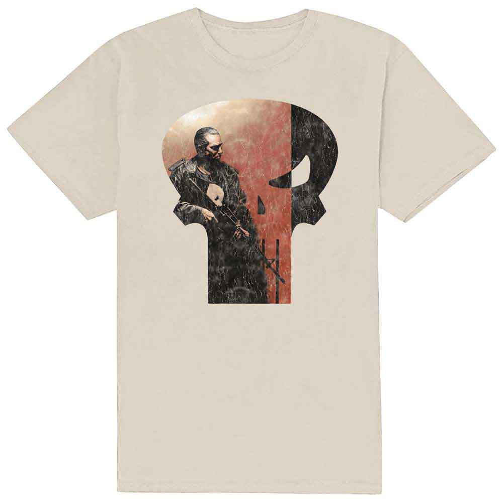 Black t-shirt with white outline of a Marvel Comics skull character.