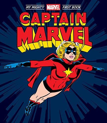 Captain Marvel in a red suit flies forward against a blue, radial background.