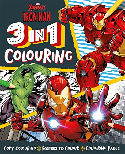 Marvel Avengers Iron Man 3 in 1 colouring book cover with Iron Man and Hulk.