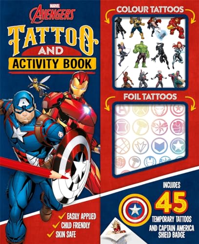 Marvel Avengers tattoo and activity book cover with Captain America and Iron Man illustrations.