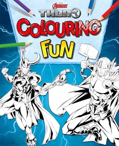 Thor colouring book cover with Thor and Loki line art, pencils shown.