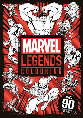 Marvel Legends colouring book cover featuring black and white line art of Marvel superheroes.