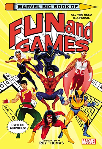Marvel superheroes on a yellow cover for a fun and games activity book.