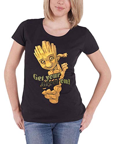 Black t-shirt with a golden, dancing Groot graphic from Guardians of the Galaxy.