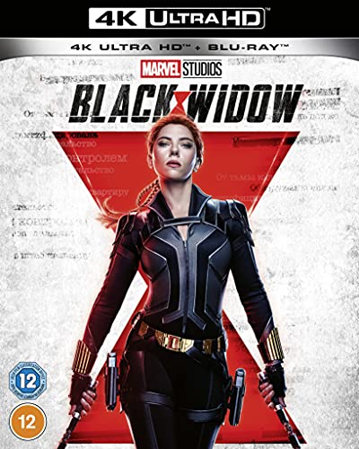 Black Widow Blu-ray cover featuring Scarlett Johansson in a black suit.