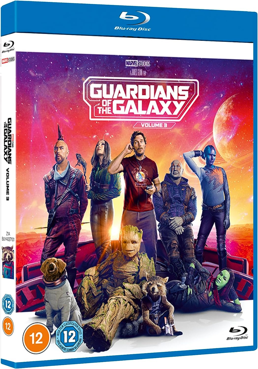 Blu-ray disc with Guardians of the Galaxy Vol.3 cover art featuring superhero characters.