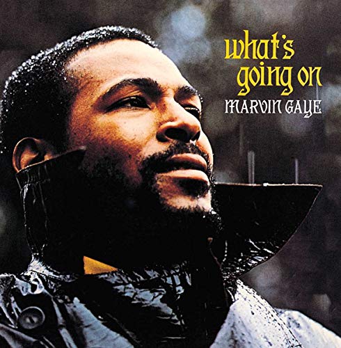 Marvin Gaye looking upward in the rain on the What's Going On album cover.