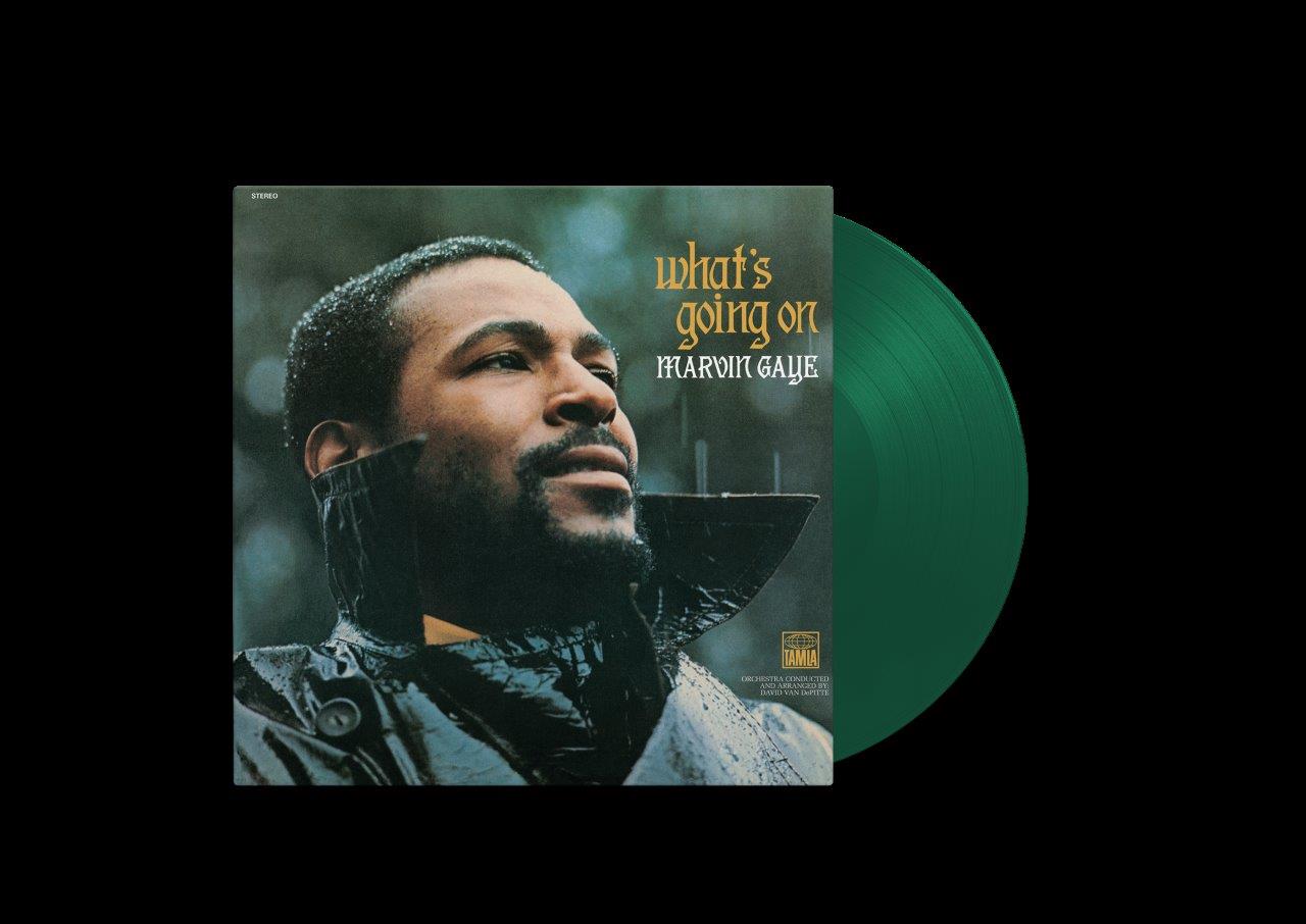 Marvin Gaye What's Going On album cover with a green vinyl record.