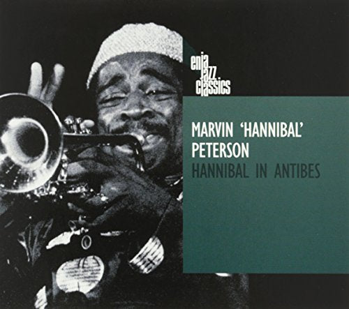 Marvin “Hannibal” Peterson playing trumpet, CD cover art, black and white.
