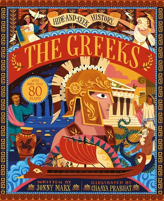 Book cover: “The Greeks” with illustrated ancient Greek figures and architecture.