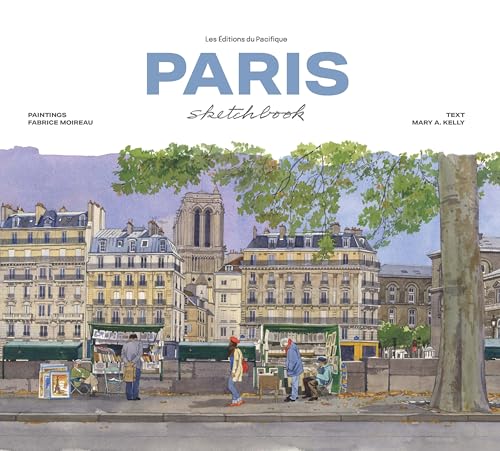 Watercolor illustration of Paris street scene with bookstalls, people, and Notre Dame cathedral.