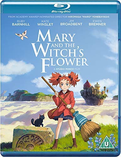 Blu-ray cover for "Mary and the Witch's Flower" featuring a girl with a broom.