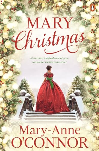 Book cover: woman in red gown on snowy bridge, Christmas theme.