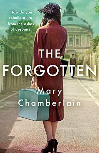 Book cover: woman with suitcase facing grand building, titled "The Forgotten".