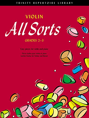 Red sheet music cover with colorful candy illustrations, titled "Violin All Sorts".