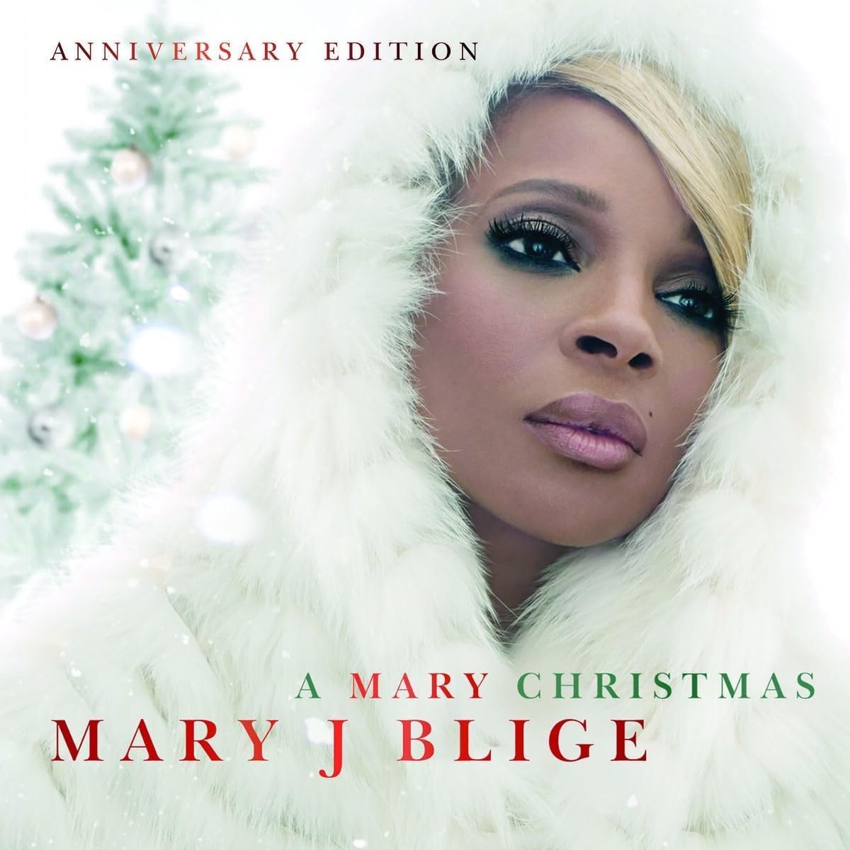 Mary J Blige album cover, “A Mary Christmas,” with snowy background.