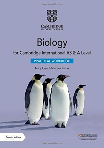 Biology practical workbook cover with penguins, Cambridge University Press logo.