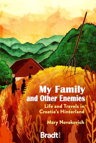 Book cover with painted landscape, a house, and farm tools.