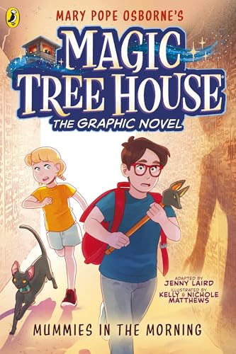 Two children and a black cat run through an Egyptian tomb on book cover.