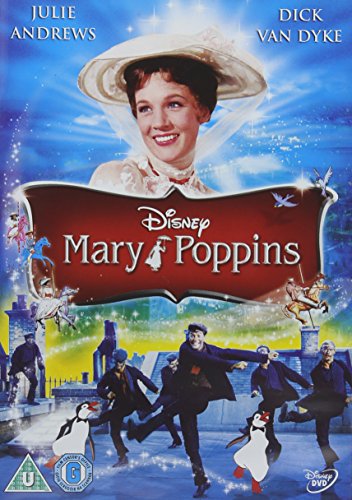 "Mary Poppins DVD cover featuring the character floating with umbrella against a city skyline."