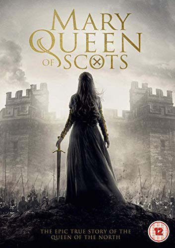 Woman in long dress holding sword stands before castle with army in background.