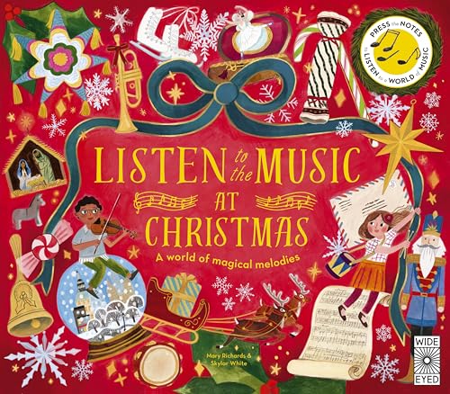Children’s book cover, “Listen to the Music at Christmas,” with musical illustrations.