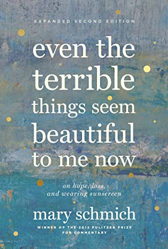Book cover with abstract blue and yellow paint, title “Even the Terrible Things…”