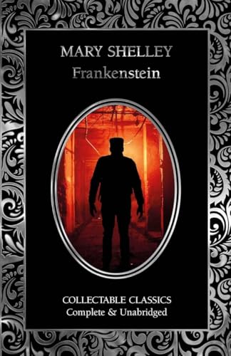 Book cover for Frankenstein by Mary Shelley featuring a silhouette in a red corridor.