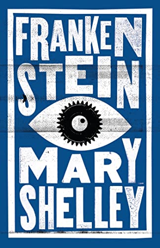 Book cover featuring the title Frankenstein by Mary Shelley with a central gear-shaped eye.