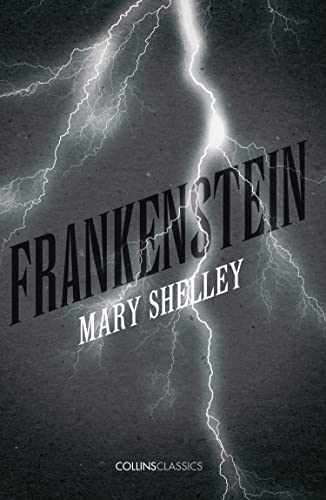 Book cover for "Frankenstein" by Mary Shelley with lightning imagery.