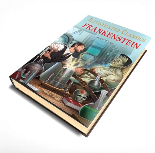 Book cover showing Dr. Frankenstein in a laboratory with his creation and scientific equipment.