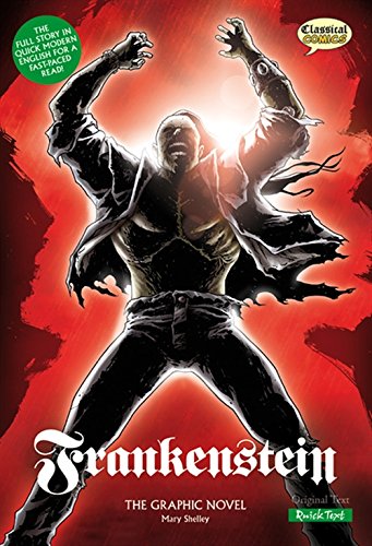 Frankenstein's monster stands with arms raised against a dramatic red and black background.