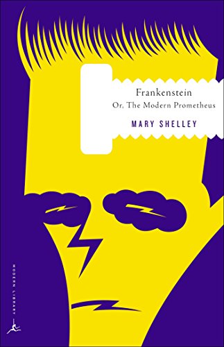 Yellow and purple book cover for "Frankenstein" with lightning bolts.